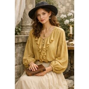 Sundance Mustard Yellow 100% Silk Ruffle V-Neck Balloon Sleeve Blouse Large